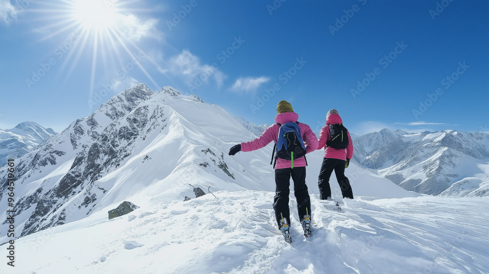 Two women in pink and black snow suits and beanies, with blue backpacks, ski up a snowy peak while gazing at the horizon. The sun shines brightly in the blue sky. The shot is from behind. Two women in pink and black snow suits and beanies, with blue backpacks, ski up a snowy peak while gazing at the horizon. The sun shines brightly in the blue sky. The shot is from behind.