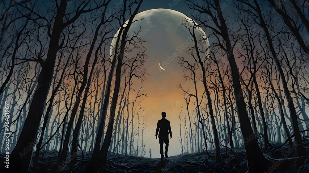 A dreamlike painting of a person walking through a forest of skeletal trees, with a crescent moon hanging low in the sky, perfect for Halloween A dreamlike painting of a person walking through a forest of skeletal trees, with a crescent moon hanging low in the sky, perfect for Halloween