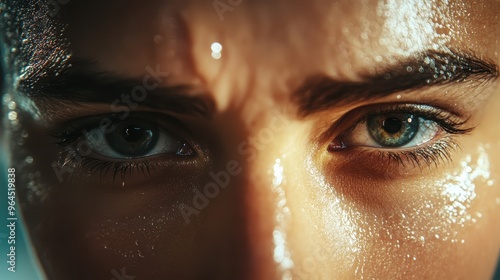 Close-up of a sweat-covered forehead, eyes focused with determination, blurred fitness studio lights in the background, dramatic lighting. photo