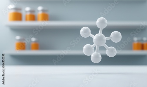 3D molecular model in modern laboratory setting with blurred background of shelves and orange capped containers, highlighting scientific research. photo