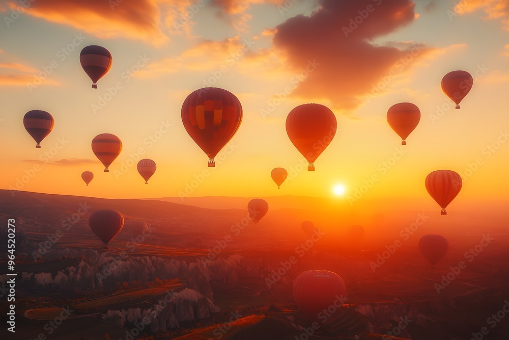 Fototapeta premium Heißluftballons im sonnigen Himmel bei Sonnenaufgang – Atemberaubende Luftansicht