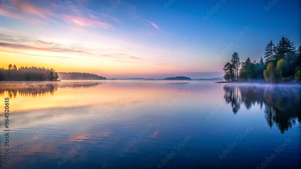 Mist rising over calm water at twilight, creating a serene and mystical atmosphere Mist rising over calm water at twilight, creating a serene and mystical atmosphere