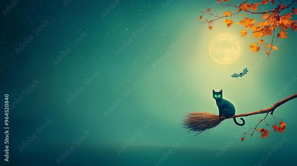 Fototapeta premium Halloween Cats Witchy Black Black cat with glowing green eyes, sitting on a witch's broomstick, full moon background, 3D illustration