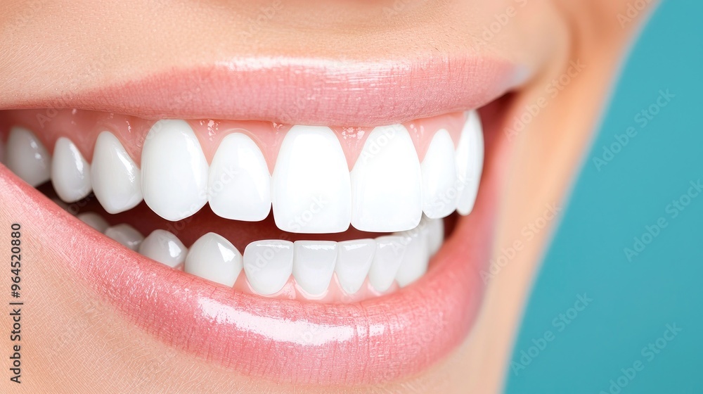 Close-up of a bright and healthy smile showcasing white teeth on a turquoise background. Ideal for dental or oral health promotions. Close-up of a bright and healthy smile showcasing white teeth on a turquoise background. Ideal for dental or oral health promotions.