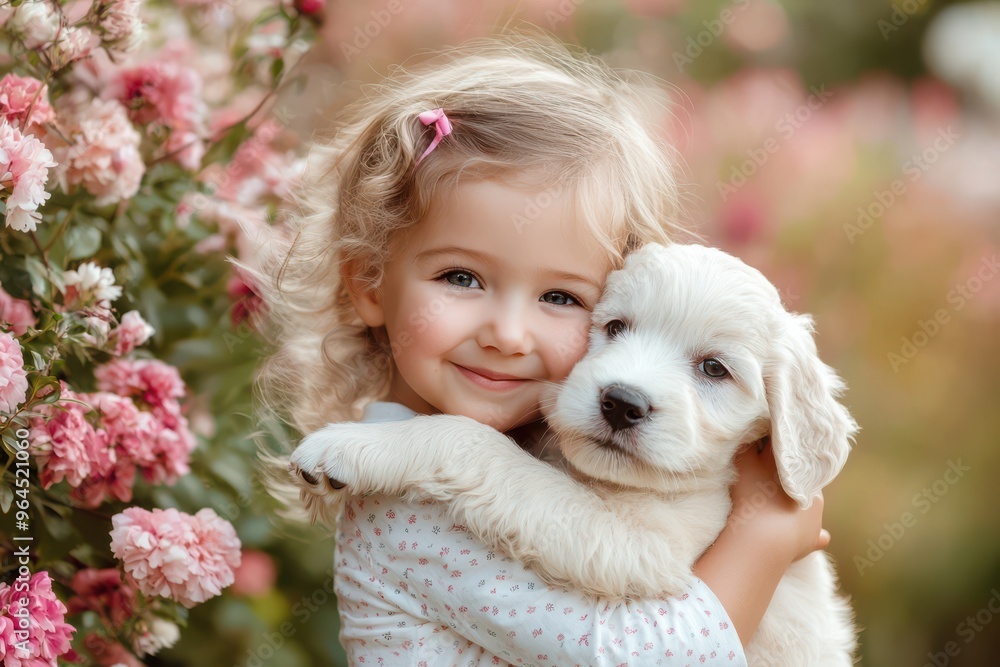 Adorable Little Girl Hugging a Cute Puppy in a Flower Garden on a Sunny Day Adorable Little Girl Hugging a Cute Puppy in a Flower Garden on a Sunny Day