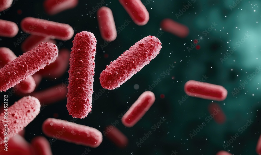 Close-up of red bacteria against a dark green background, representing microscopic organisms and microbiology research. Close-up of red bacteria against a dark green background, representing microscopic organisms and microbiology research.