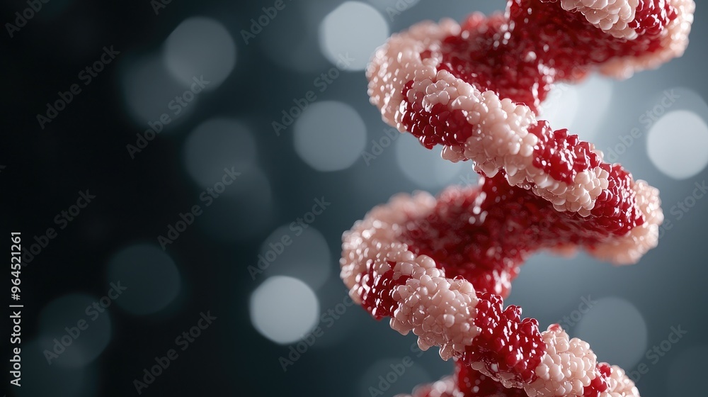 Close-up view of a DNA double helix structure against a bokeh background, illustrating genetic science and molecular biology concepts. Close-up view of a DNA double helix structure against a bokeh background, illustrating genetic science and molecular biology concepts.