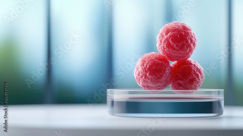 Close-up of three lab-grown meat cells in a petri dish, representing innovative food technology and sustainable future proteins. photo