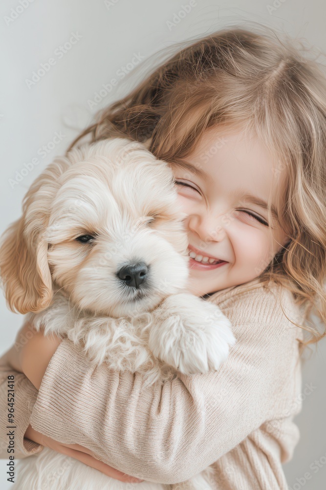 Adorable Child Hugging a Fluffy Puppy with a Joyful Smile in a Bright Setting Adorable Child Hugging a Fluffy Puppy with a Joyful Smile in a Bright Setting