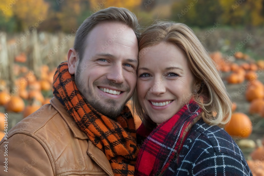 Portrait of Happy Couple in Cozy Scarves in a Pumpkin Patch During Autumn Portrait of Happy Couple in Cozy Scarves in a Pumpkin Patch During Autumn