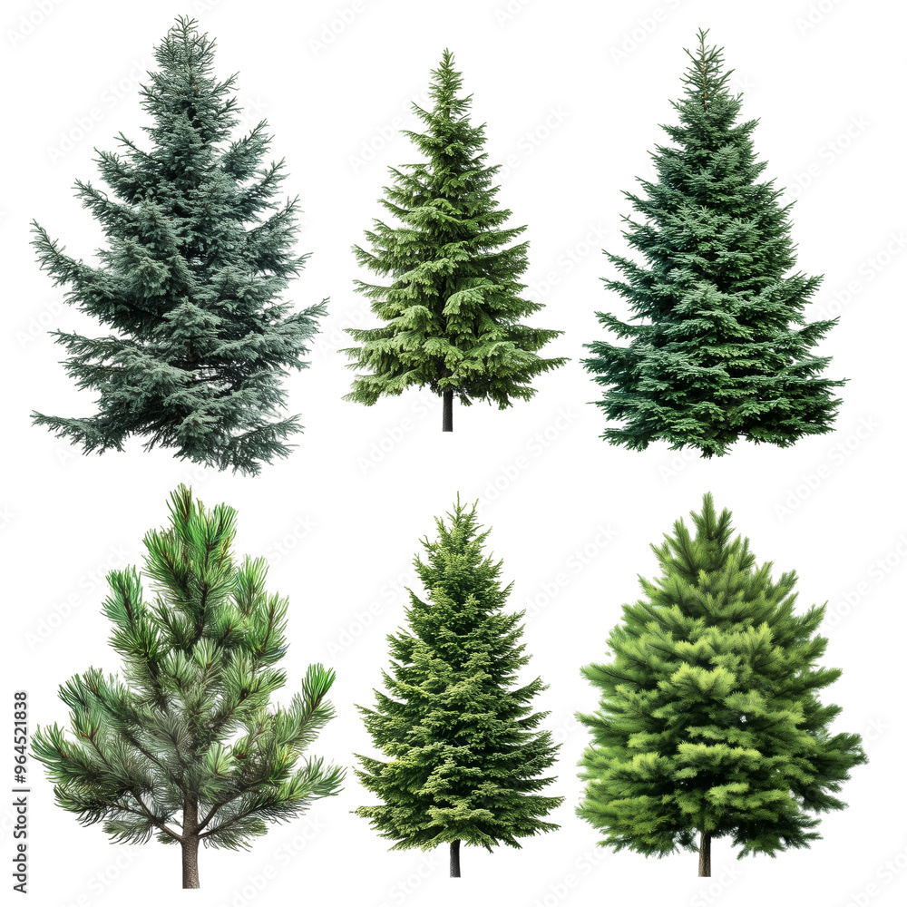 Various evergreen trees displayed on a transparent background for educational and design purposes in natural settings Various evergreen trees displayed on a transparent background for educational and design purposes in natural settings