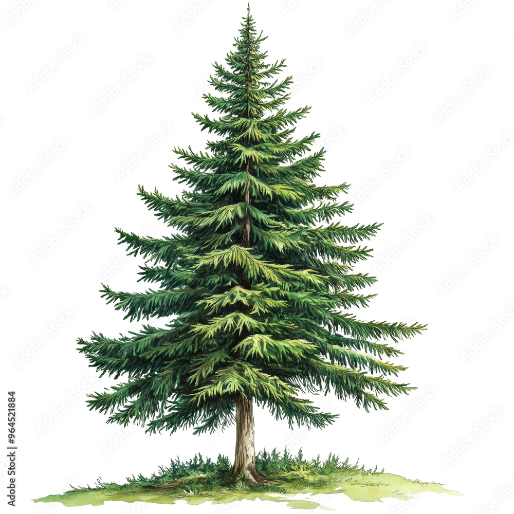 A tall, lush evergreen tree standing alone on a transparent background, showcasing vibrant green needles in early afternoon light A tall, lush evergreen tree standing alone on a transparent background, showcasing vibrant green needles in early afternoon light