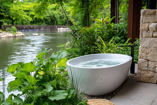 Outdoor bathtub, riverbank location, peaceful waterside provides the calming sound of flowing water as you unwind in the bath photo