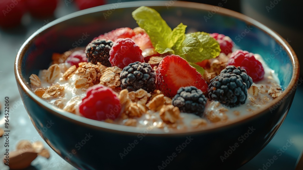 Close-up of a bowl of overnight oats topped with fresh fruits and nuts, vibrant colors, photorealistic, soft natural light. Close-up of a bowl of overnight oats topped with fresh fruits and nuts, vibrant colors, photorealistic, soft natural light.