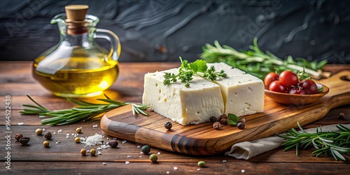 Fresh feta cheese on a wooden board with herbs and olive oil, perfect for a delicious Mediterranean dish