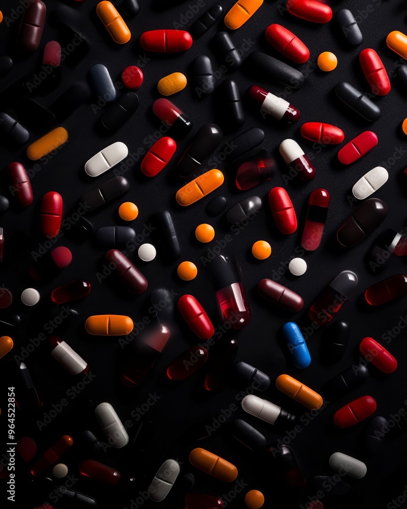 Colorful capsules and pills scattered against a dark background, showcasing a variety of shapes and sizes in a visually striking manner. Colorful capsules and pills scattered against a dark background, showcasing a variety of shapes and sizes in a visually striking manner.