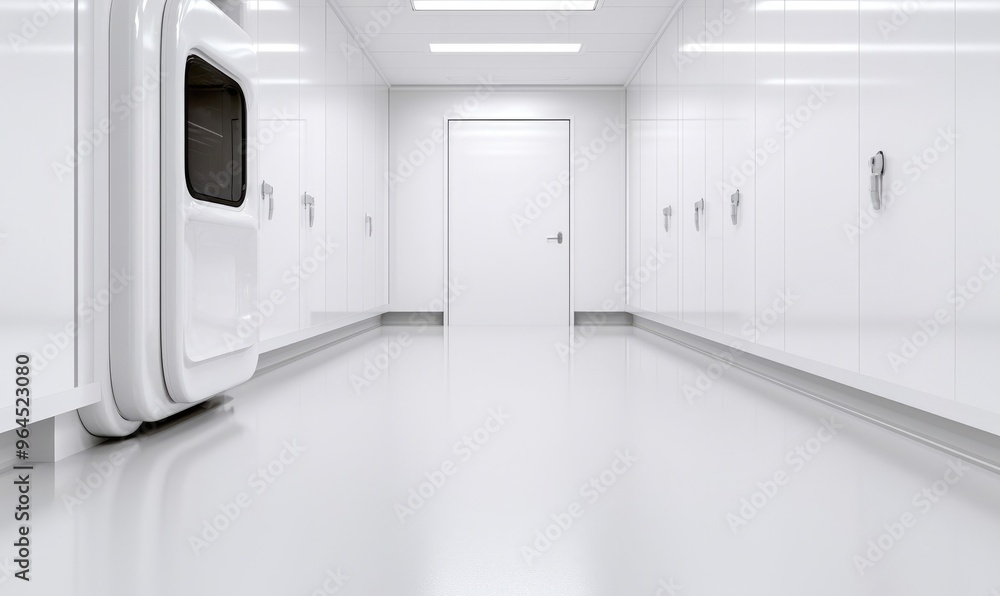 Modern cleanroom with white walls and advanced equipment. Sterile environment ideal for laboratory, healthcare, and scientific research purposes. Modern cleanroom with white walls and advanced equipment. Sterile environment ideal for laboratory, healthcare, and scientific research purposes.