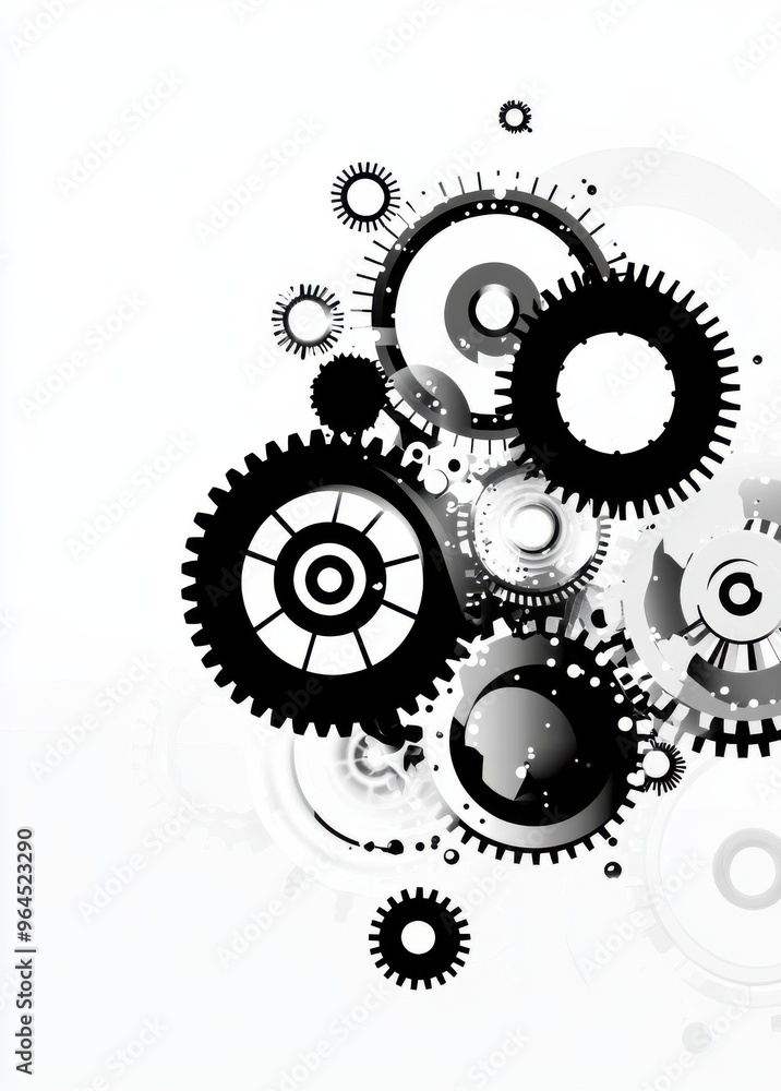 Abstract design featuring various black and white gears on a white background illustrating movement and technology concepts Abstract design featuring various black and white gears on a white background illustrating movement and technology concepts
