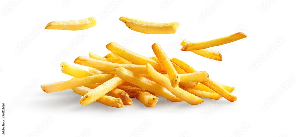 A pile of crispy golden french fries, some of which are flying in the air, isolated on a white background. A pile of crispy golden french fries, some of which are flying in the air, isolated on a white background.
