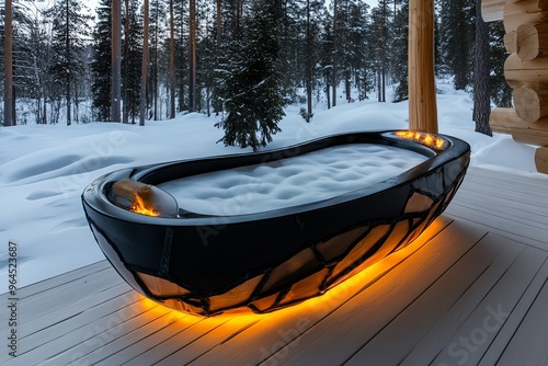 Outdoor bathtub, snowy landscape, cozy winter soak contrasts the cold surroundings with the warmth of a perfectly heated bath photo