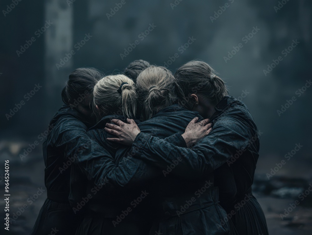 Group of Women Embracing in Dark Clothing in a Foggy, Mysterious Setting Group of Women Embracing in Dark Clothing in a Foggy, Mysterious Setting