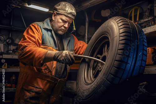 Mechanic inspecting a car tire in a garage workshop