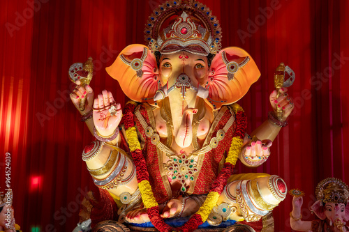 A Closeup shot Ganpati Installed in a Pandal during the 10 Day Ganesh Festival, the idols are immersed in heavy water bodies after the 10 days.