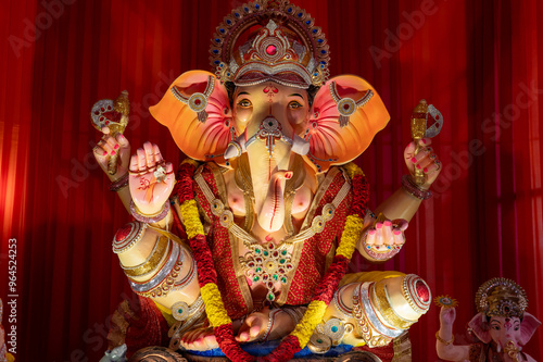 A Closeup shot Ganpati Installed in a Pandal during the 10 Day Ganesh Festival, the idols are immersed in heavy water bodies after the 10 days.