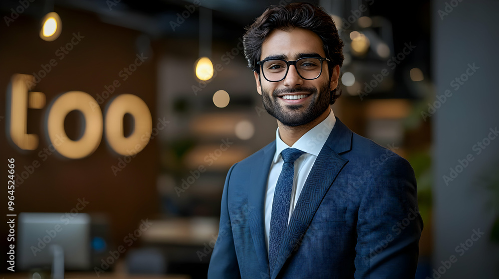 A professional man in a suit smiles confidently in a modern office setting. A professional man in a suit smiles confidently in a modern office setting.