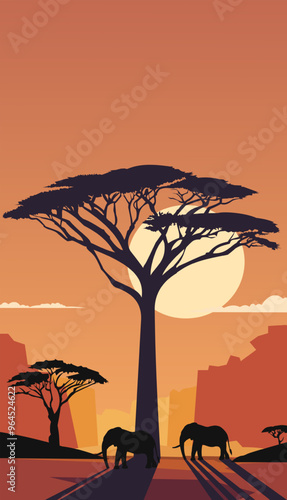 the African landscape. vector illustration of savannah at sunset. vertical drawing of nature at sunset with rocks and silhouettes of a large vachellia tortilis tree and elephants in brown tones