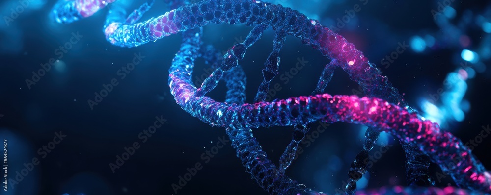 Vibrant digital rendering of a glowing double helix DNA structure with blue and pink highlights in a dark background Vibrant digital rendering of a glowing double helix DNA structure with blue and pink highlights in a dark background