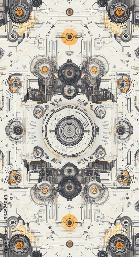 Fototapeta premium Intricate industrial pattern featuring mechanical details with symmetrical gears and circular structures in a futuristic and complex design