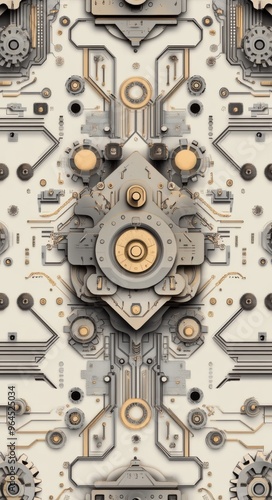 Intricate industrial design featuring mechanical details in a symmetrical pattern with metallic elements and gears highlighting engineering and technological themes