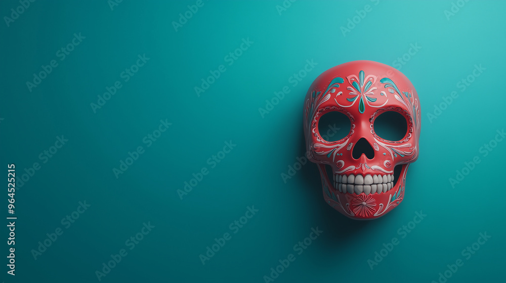 A red sugar skull with detailed floral designs set against a teal background, symbolizing the Day of the Dead celebration. A red sugar skull with detailed floral designs set against a teal background, symbolizing the Day of the Dead celebration.