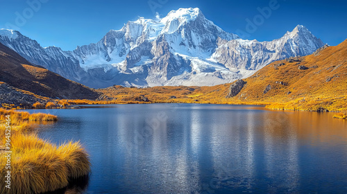 Scenic view of a mountain range reflecting on a lake in the himalayas photo