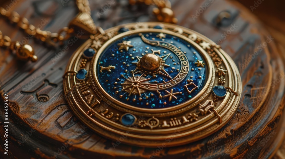 Intricate golden pendant featuring celestial designs, capturing the essence of astrology and mystique in a beautiful piece of jewelry. Intricate golden pendant featuring celestial designs, capturing the essence of astrology and mystique in a beautiful piece of jewelry.