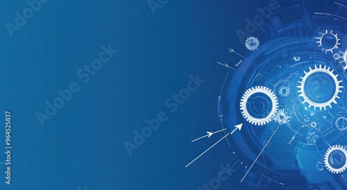 Blue technology background with gears and arrows depicting innovation and mechanical progress