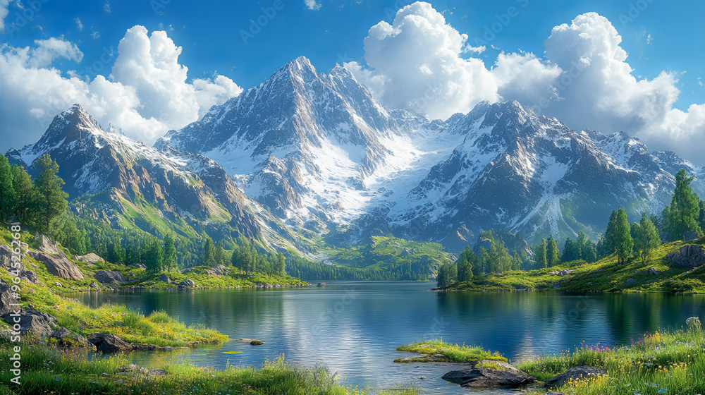 Stunning landscape featuring a pristine lake reflecting towering, snow-capped mountain peaks under a vibrant blue sky Stunning landscape featuring a pristine lake reflecting towering, snow-capped mountain peaks under a vibrant blue sky