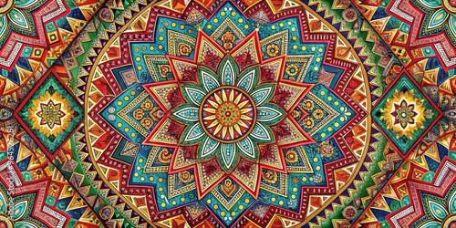 Vibrant and intricate geometric designs on textured canvas surface