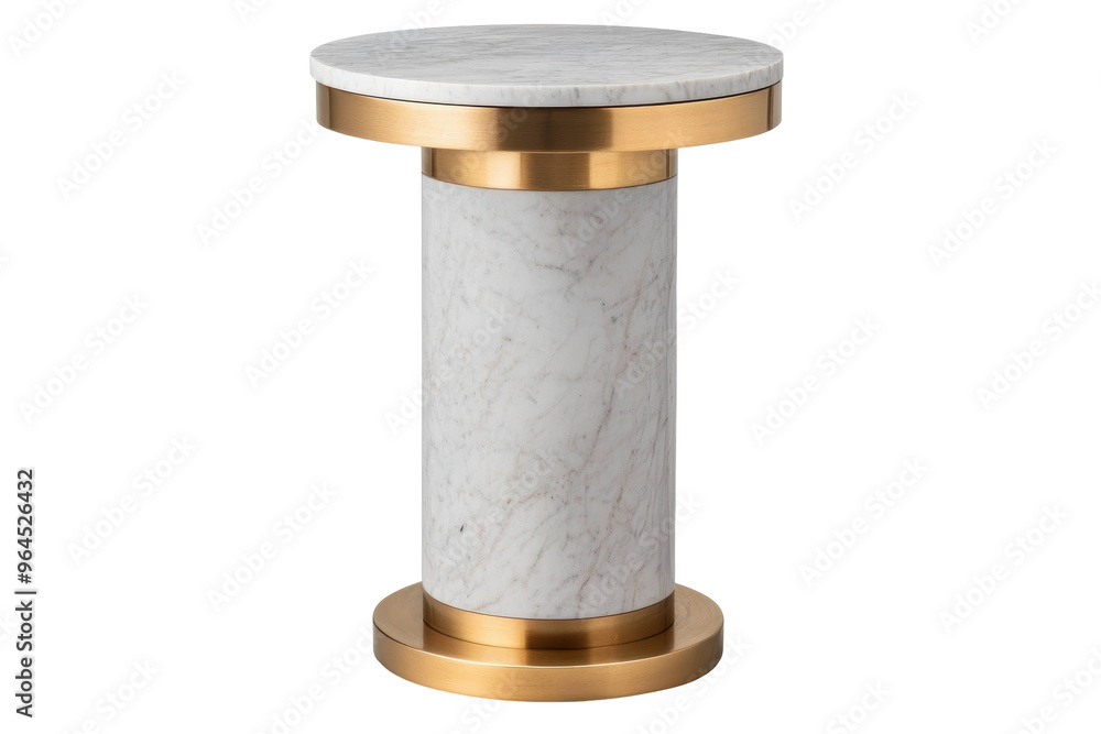 Marble and gold side table with a sleek cylindrical design, perfect for adding a luxurious and modern touch to living spaces or stylish interiors. Isolated on transparent background, png. Marble and gold side table with a sleek cylindrical design, perfect for adding a luxurious and modern touch to living spaces or stylish interiors. Isolated on transparent background, png.