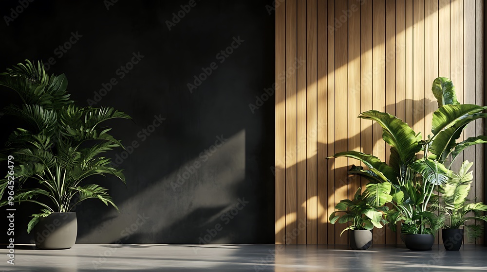 Minimalist Interior Design with Plants and Wooden Wall Minimalist Interior Design with Plants and Wooden Wall