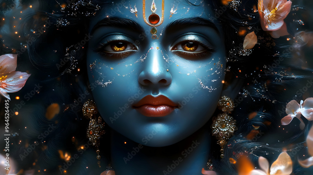 A serene blue-skinned figure adorned with floral elements and jewelry, evoking a divine presence. A serene blue-skinned figure adorned with floral elements and jewelry, evoking a divine presence.