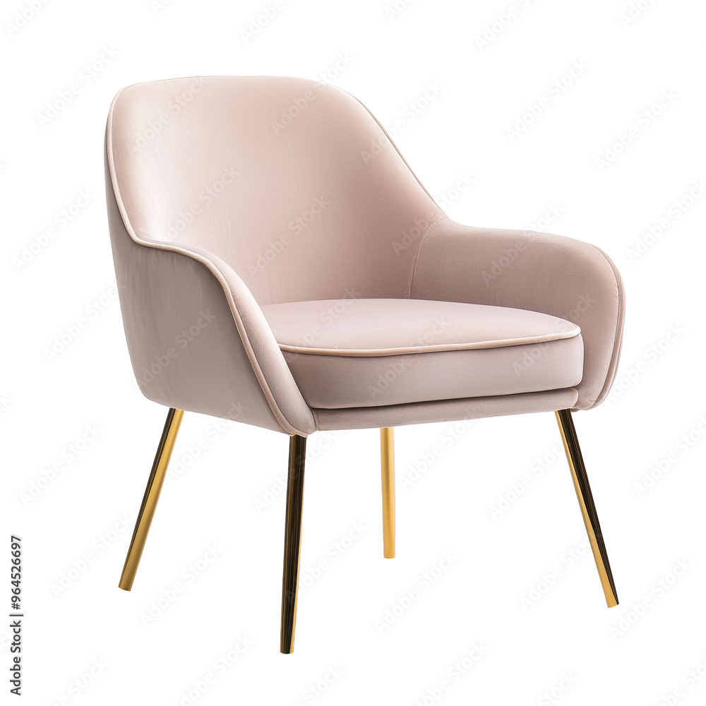Blush pink velvet armchair with curved arms and gold legs. This luxurious chair adds a soft, stylish touch to modern home decor. Isolated on transparent background, png. Blush pink velvet armchair with curved arms and gold legs. This luxurious chair adds a soft, stylish touch to modern home decor. Isolated on transparent background, png.