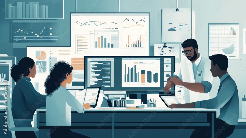 A diverse team of engineers analyzing industry job trends with high-tech equipment. A diverse team of engineers analyzing industry job trends with high-tech equipment.
