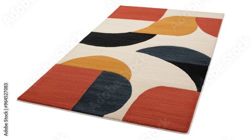 Colorful geometric area rug featuring curved shapes in red, orange, yellow, and black. This contemporary rug adds a modern and artistic element to home decor. Isolated on transparent background, png.