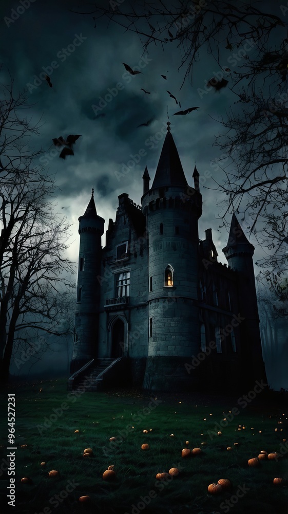 Halloween castle scenery with full moon in majestic night sky and highly detailed natural environment landscape. Halloween background. Horror scene for Halloween Halloween castle scenery with full moon in majestic night sky and highly detailed natural environment landscape. Halloween background. Horror scene for Halloween