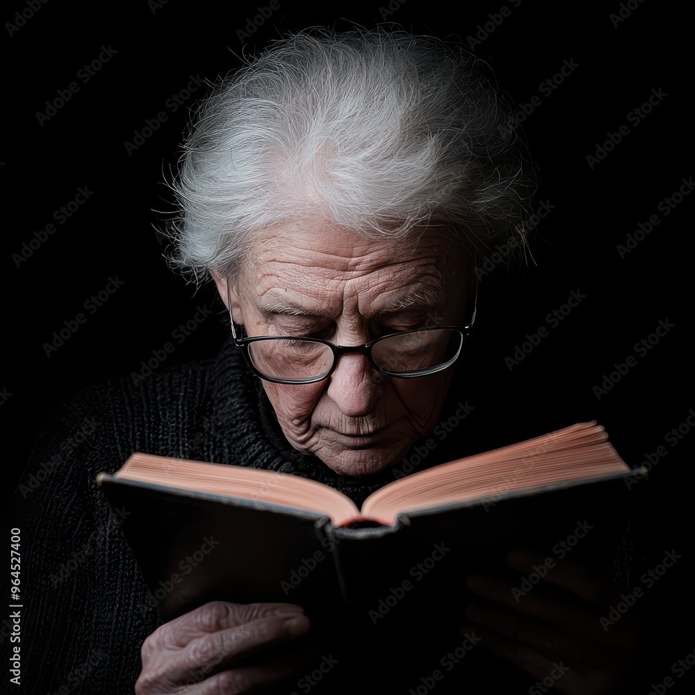Elderly Woman Reading a Book in Low Light, Focused Expression, Black Background, Senior Citizen, Wisdom, Knowledge Elderly Woman Reading a Book in Low Light, Focused Expression, Black Background, Senior Citizen, Wisdom, Knowledge