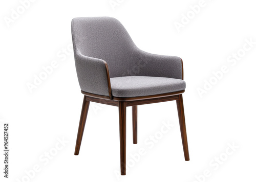 Gray upholstered wooden chair with sleek armrests, designed for modern comfort and style in home or office settings. Isolated on transparent background, png.