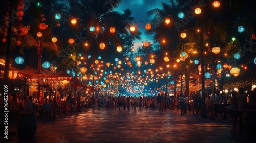 Street Festival at Night with Colorful Lanterns