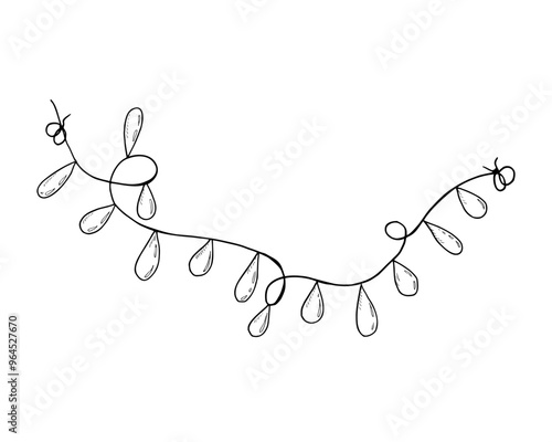 Decorative string lights in monochrome style. Holiday garland vector isolated illustration. Drawing black Elements painted by inks for festivals and cultural celebrations, invitations, greeting cards